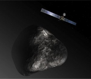 An artist’s impression of the Rosetta orbiter approaching the comet. The image is not to scale. The spacecraft measures 105 feet across including the solar arrays, while the comet nucleus is approximately 2.5 miles wide. Image: NASA.